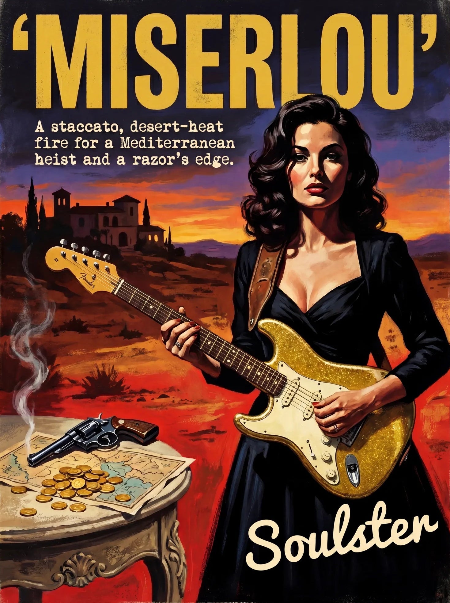 Soulster cinematic vintage pulp book cover art print illustration styled in a classic 1950s theme inspired by Miserlou.