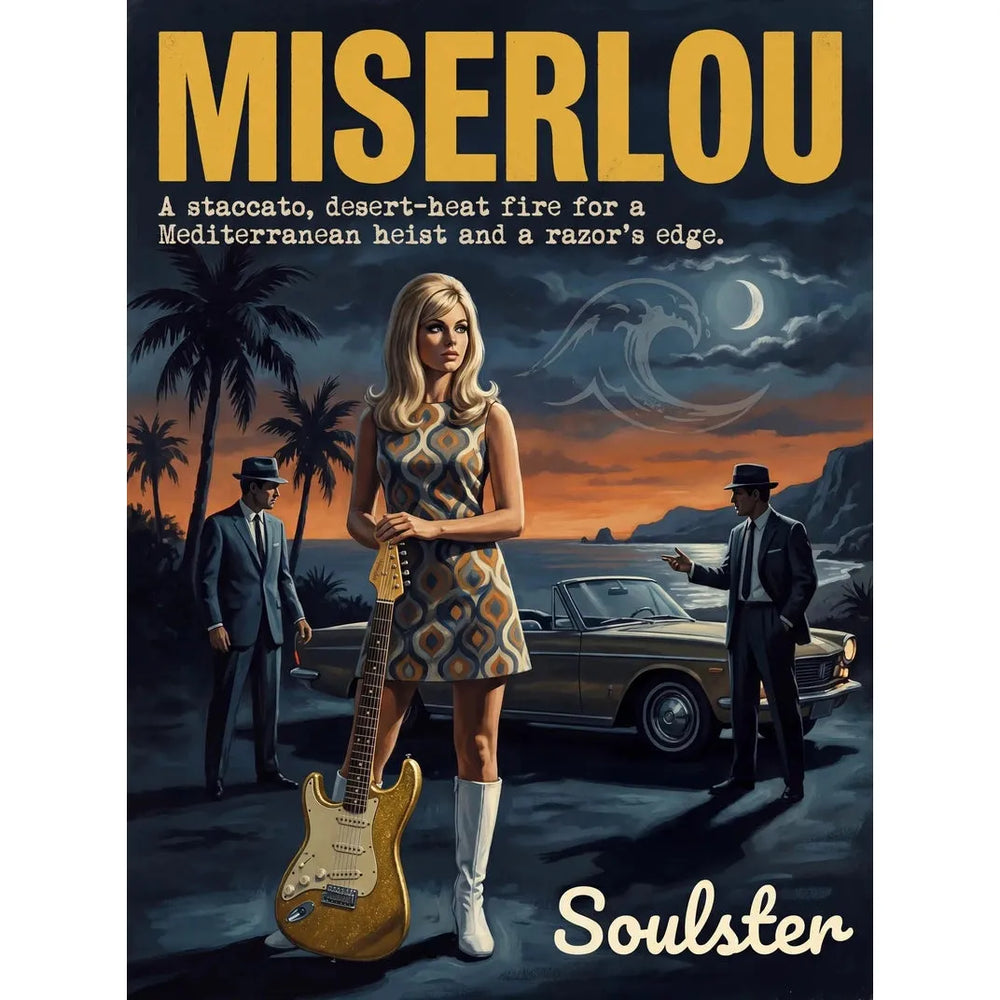 Soulster cinematic vintage pulp book cover art print illustration styled in a classic 1960s theme inspired by Miserlou.