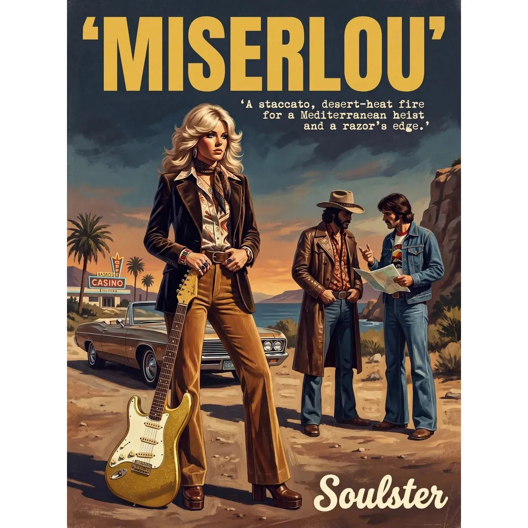 Soulster cinematic vintage pulp book cover art print illustration styled in a classic 1970s theme inspired by Miserlou.