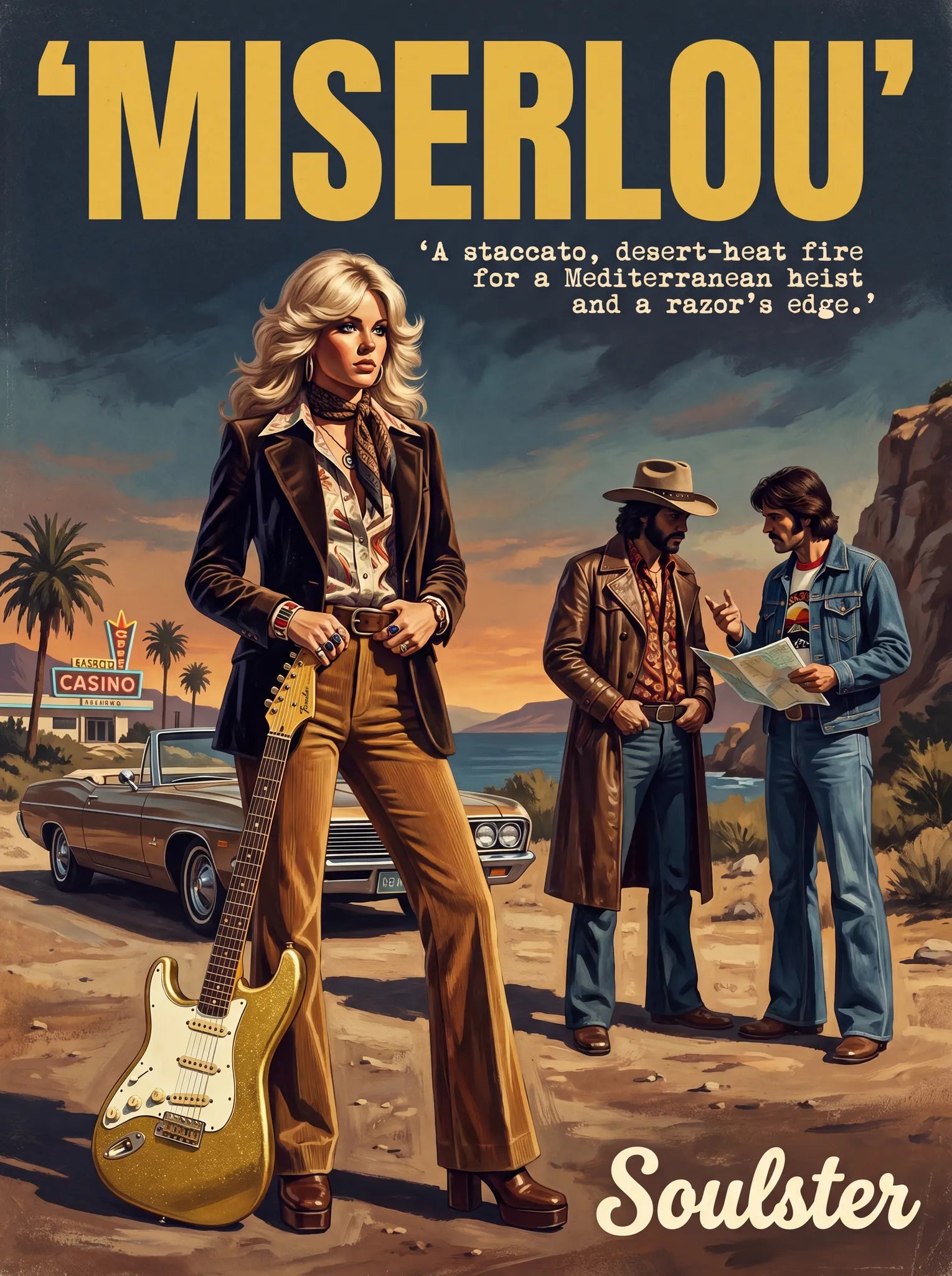 Soulster cinematic vintage pulp book cover art print illustration styled in a classic 1970s theme inspired by Miserlou.