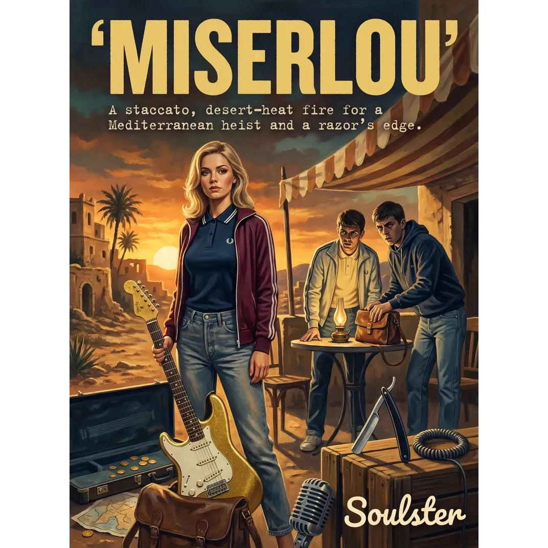 Soulster retro pulp thriller book cover style art print illustration inspired by Alternative Indie - Miserlou.