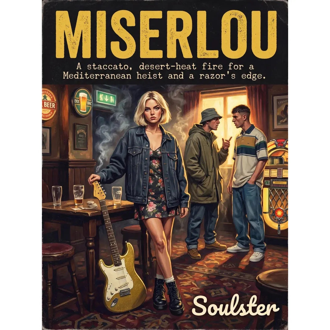 Soulster cinematic vintage pulp book cover art print illustration styled in a classic 1990s theme inspired by Miserlou.
