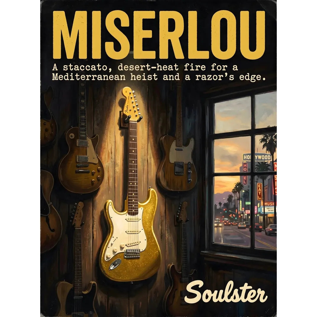 Soulster Manchester Edition wall art print showing a cinematic pulp style design of a Vintage Guitar inspired by Miserlou - Los Angeles.