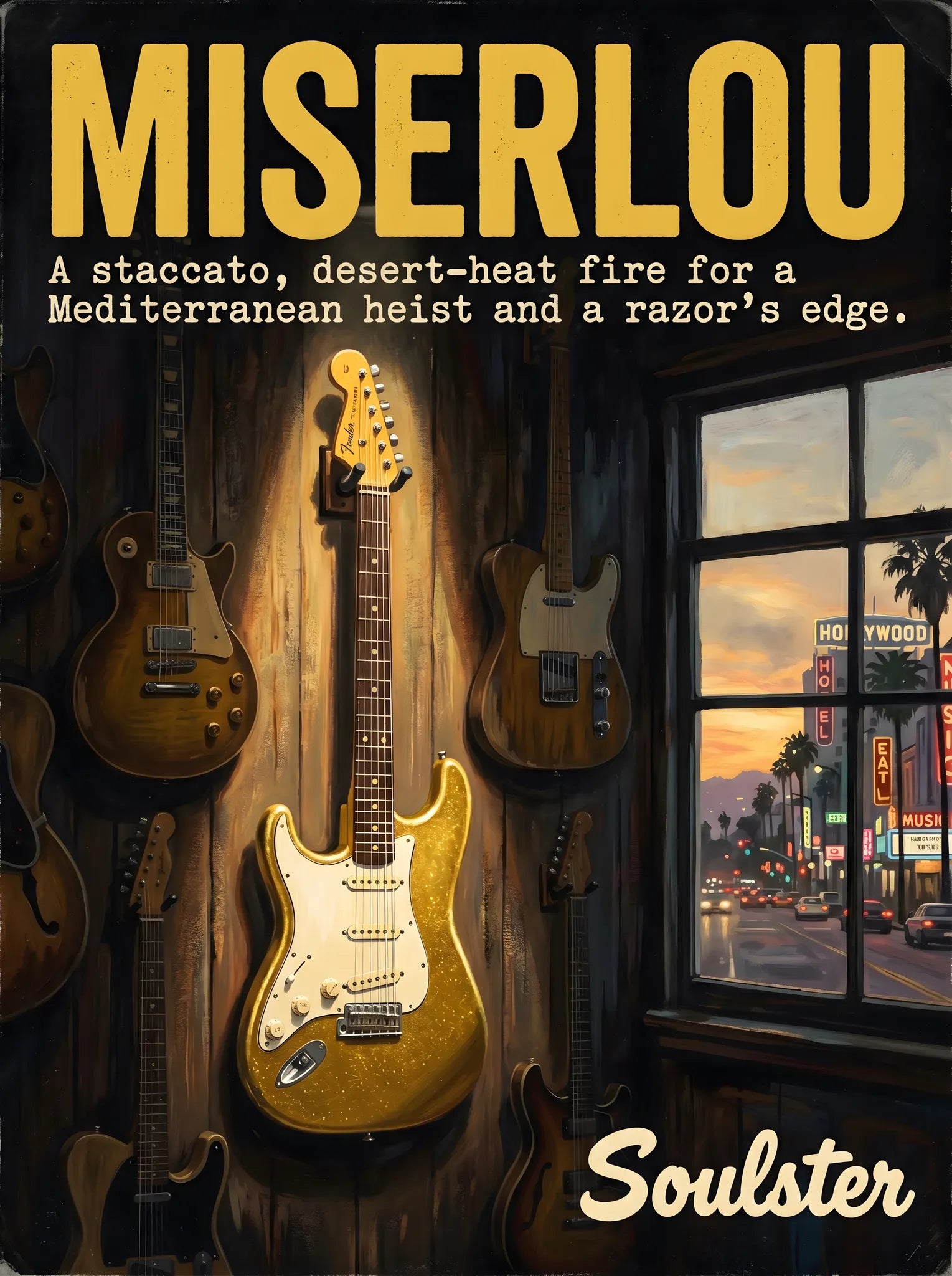 Soulster Manchester Edition wall art print showing a cinematic pulp style design of a Vintage Guitar inspired by Miserlou - Los Angeles.