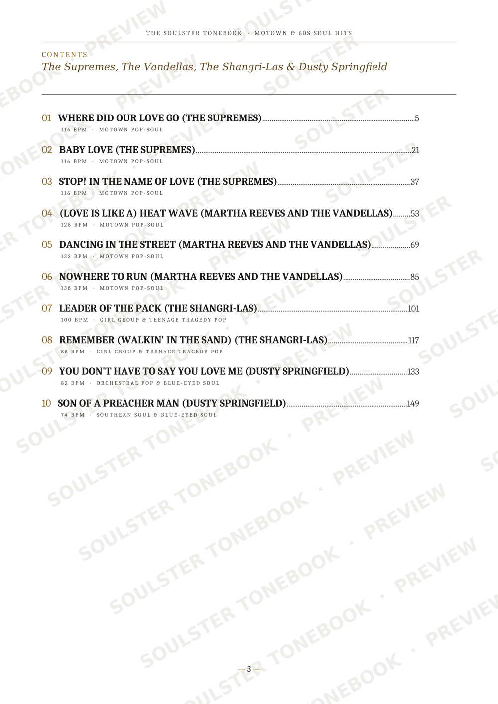 A printed table of contents page from a book, showing song titles and page numbers for 'The Supreme, The Vandellas, The Shangri-Las & Dusty Springfield' with repeated diagonal watermark text across the page.