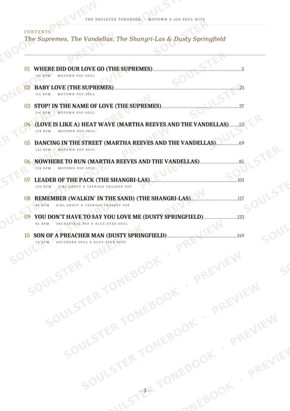 A printed table of contents page from a book, showing song titles and page numbers for 'The Supreme, The Vandellas, The Shangri-Las & Dusty Springfield' with repeated diagonal watermark text across the page.
