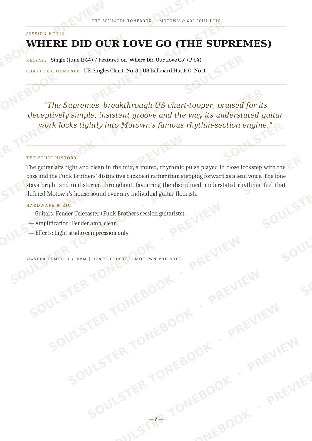 A printed page from a music book or liner notes cover titled 'WHERE DID OUR LOVE GO (THE SUPREMES)' with song and artist text, a quote, track history, and guitar technique notes. The page is mostly white with black text and repeated diagonal 'SOULSTERSONGBOOK' watermarks.