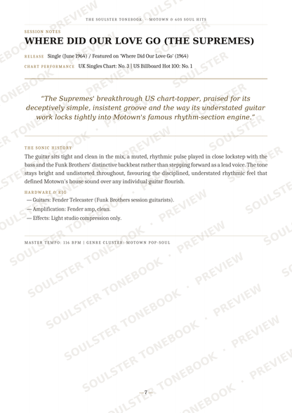 A printed page from a music book or liner notes cover titled 'WHERE DID OUR LOVE GO (THE SUPREMES)' with song and artist text, a quote, track history, and guitar technique notes. The page is mostly white with black text and repeated diagonal 'SOULSTERSONGBOOK' watermarks.