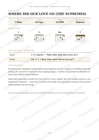 A printed or digital sheet music page for the song 'Where Did Our Love Go (The Supremes)' with chord diagrams, song structure, lyrics, and production credits. The page has a white background with black text and beige chart sections, overlaid with repeated 'SOULSTER TONEBOOKS PREVIEW' watermarks.
