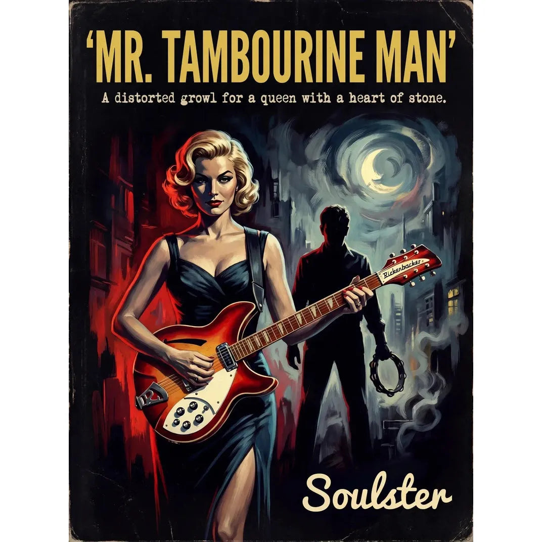 Soulster cinematic vintage pulp book cover art print illustration styled in a classic 1950s design layout inspired by Mr. Tambourine Man.