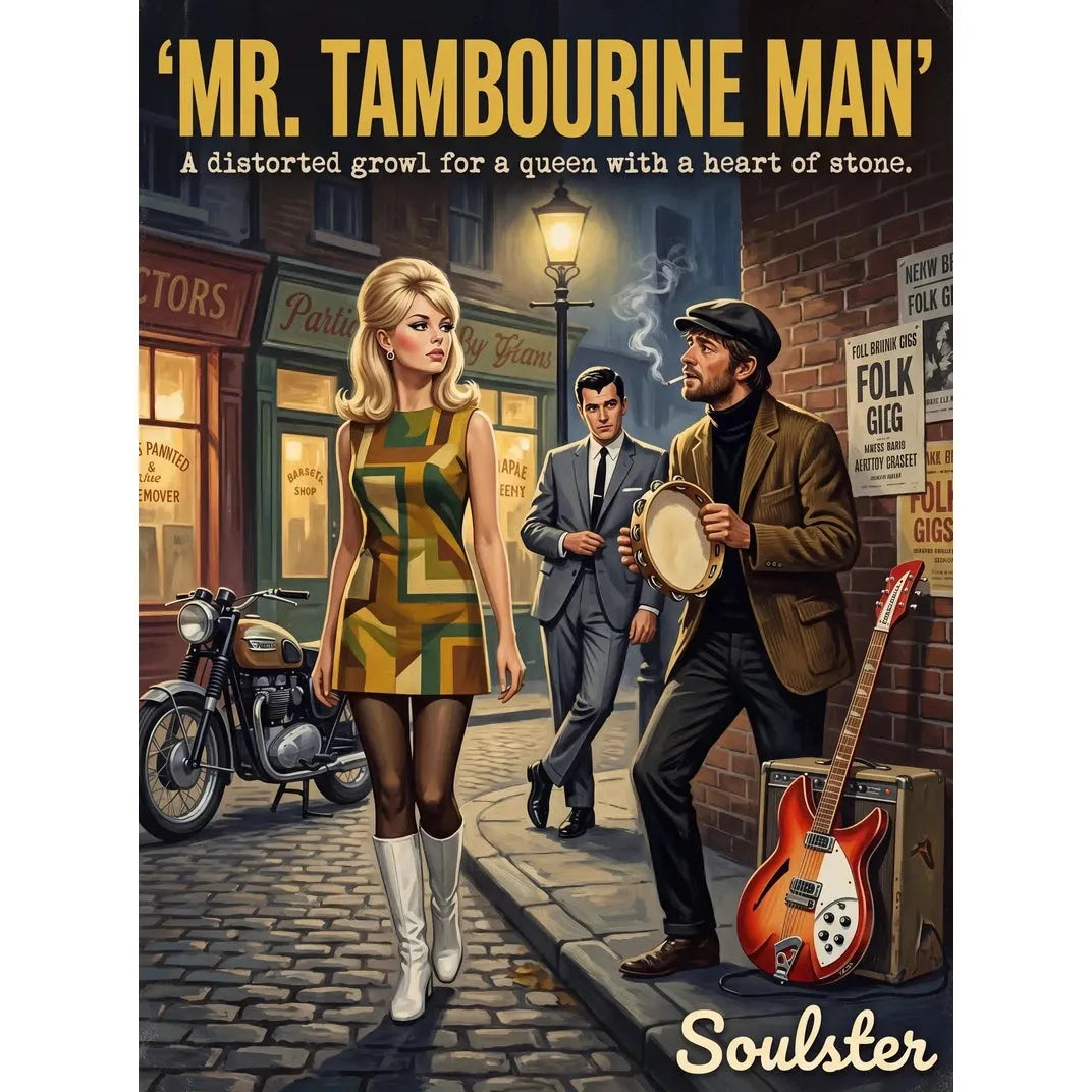 Soulster cinematic vintage pulp book cover art print illustration styled in a classic 1960s design layout inspired by Mr. Tambourine Man.