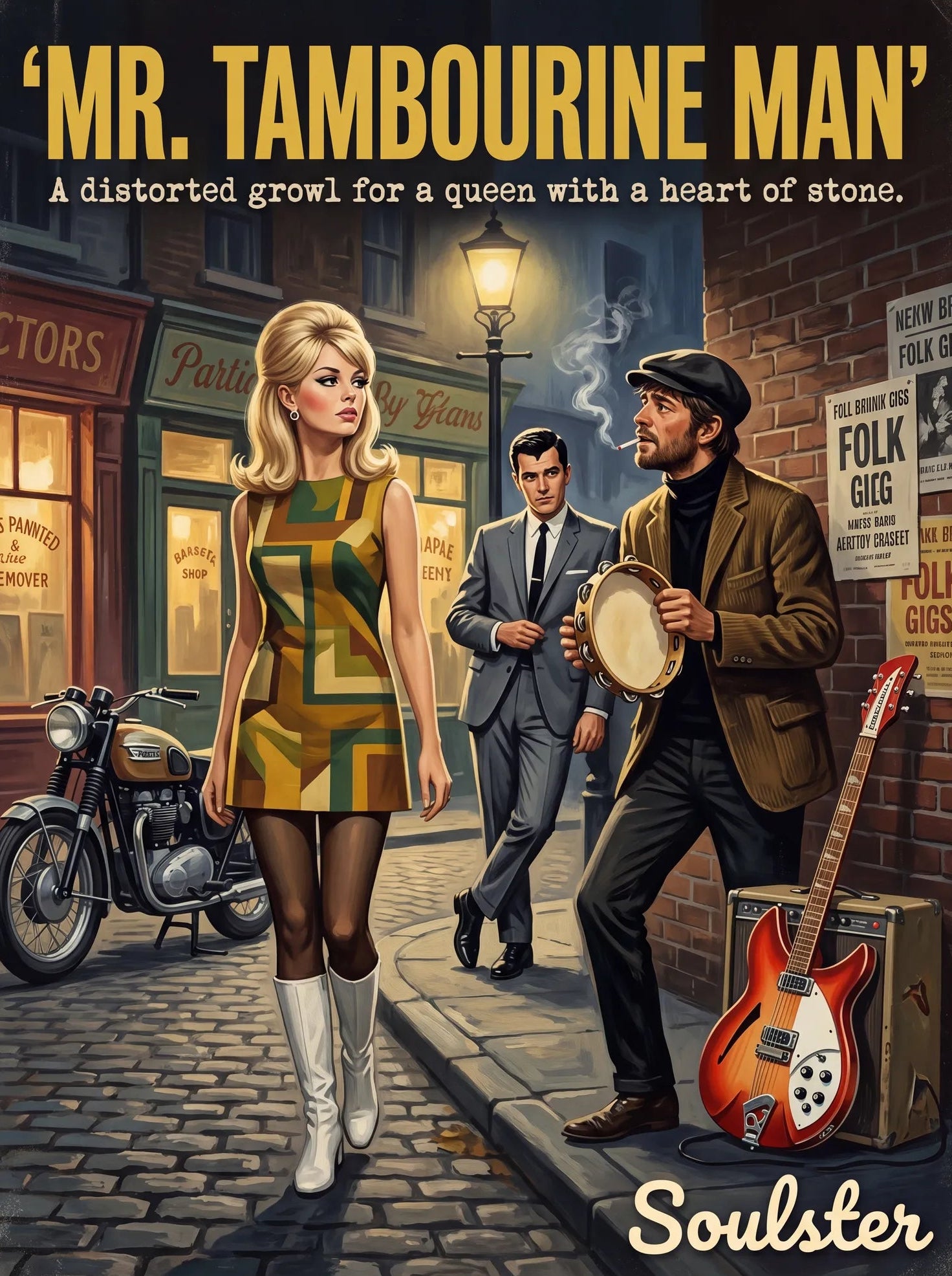 Soulster cinematic vintage pulp book cover art print illustration styled in a classic 1960s design layout inspired by Mr. Tambourine Man.