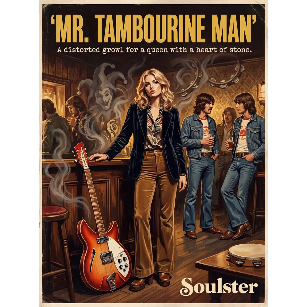 Soulster cinematic vintage pulp book cover art print illustration styled in a classic 1970s design layout inspired by Mr. Tambourine Man.
