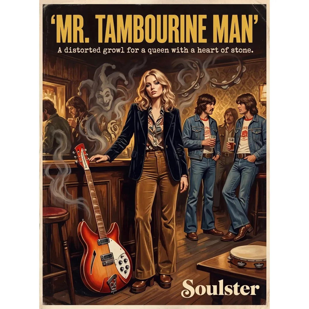 Soulster cinematic vintage pulp book cover art print illustration styled in a classic 1970s design layout inspired by Mr. Tambourine Man.
