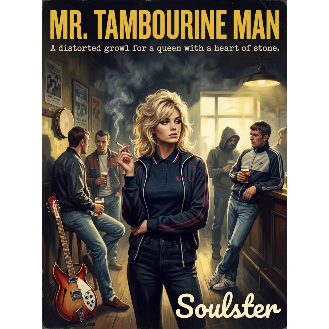 Soulster retro pulp thriller book cover style art print illustration inspired by Alternative Indie - Mr. Tambourine Man.
