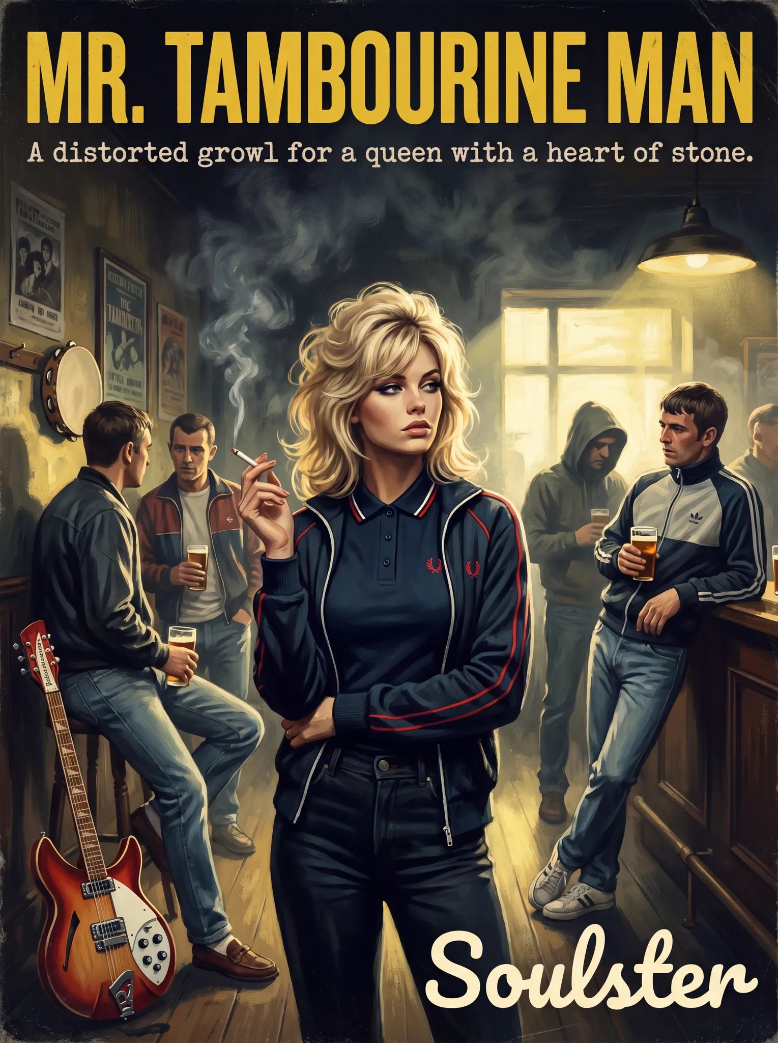 Soulster retro pulp thriller book cover style art print illustration inspired by Alternative Indie - Mr. Tambourine Man.