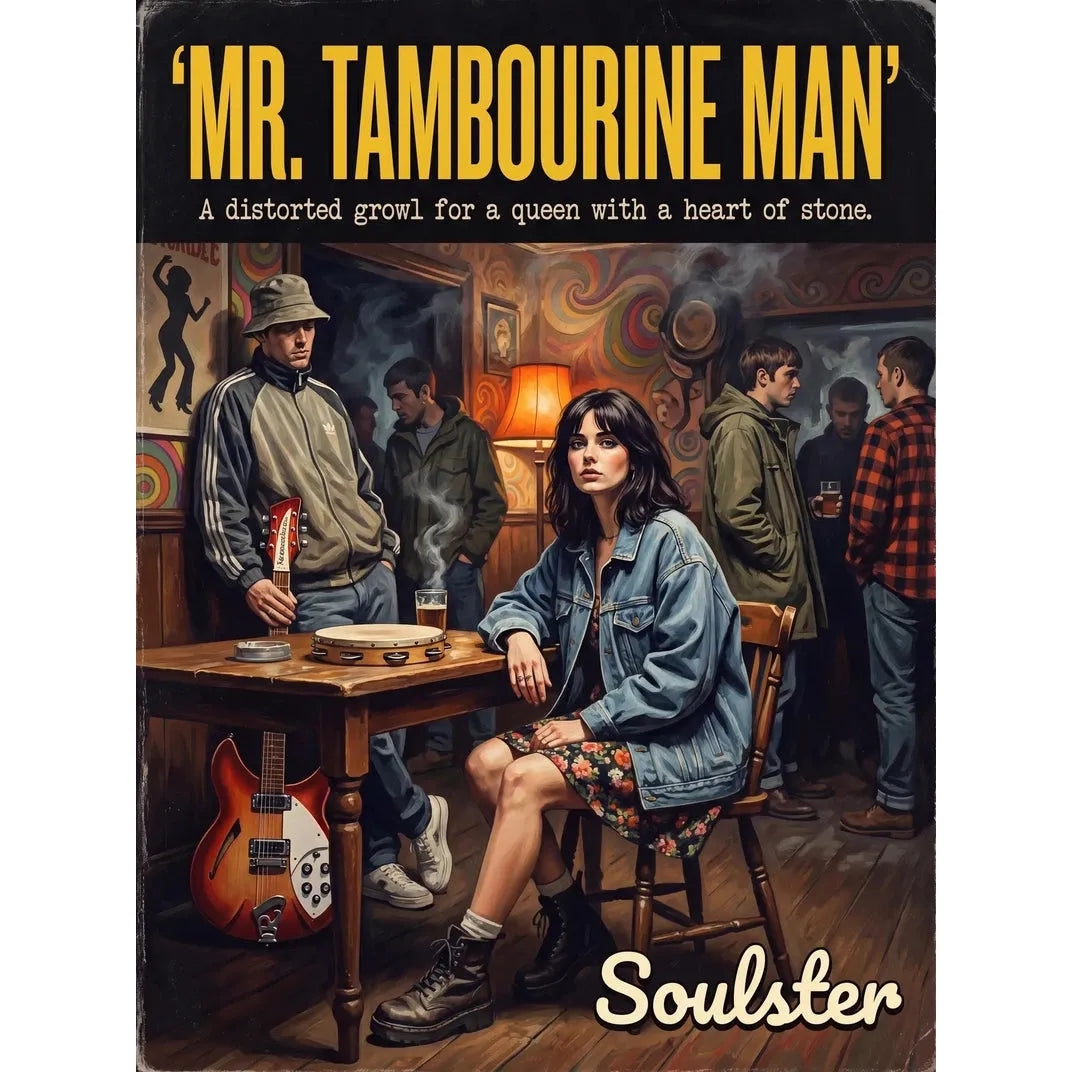 Soulster cinematic vintage pulp book cover art print illustration styled in a classic 1990s design layout inspired by Mr. Tambourine Man.