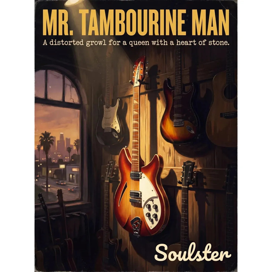 Soulster Manchester Edition wall art print showing a cinematic pulp style design of a Vintage Guitar inspired by Mr. Tambourine Man - Los Angeles.