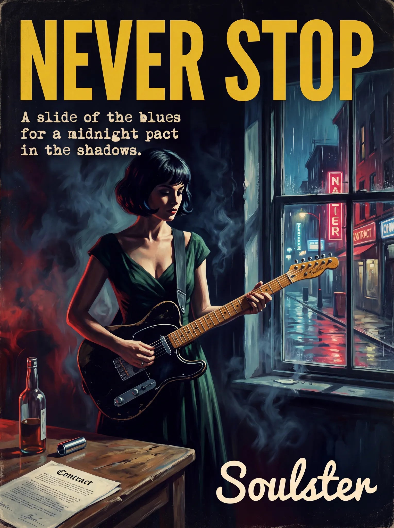 Soulster cinematic vintage pulp book cover art print illustration styled in a classic 1950s design layout inspired by Never Stop.
