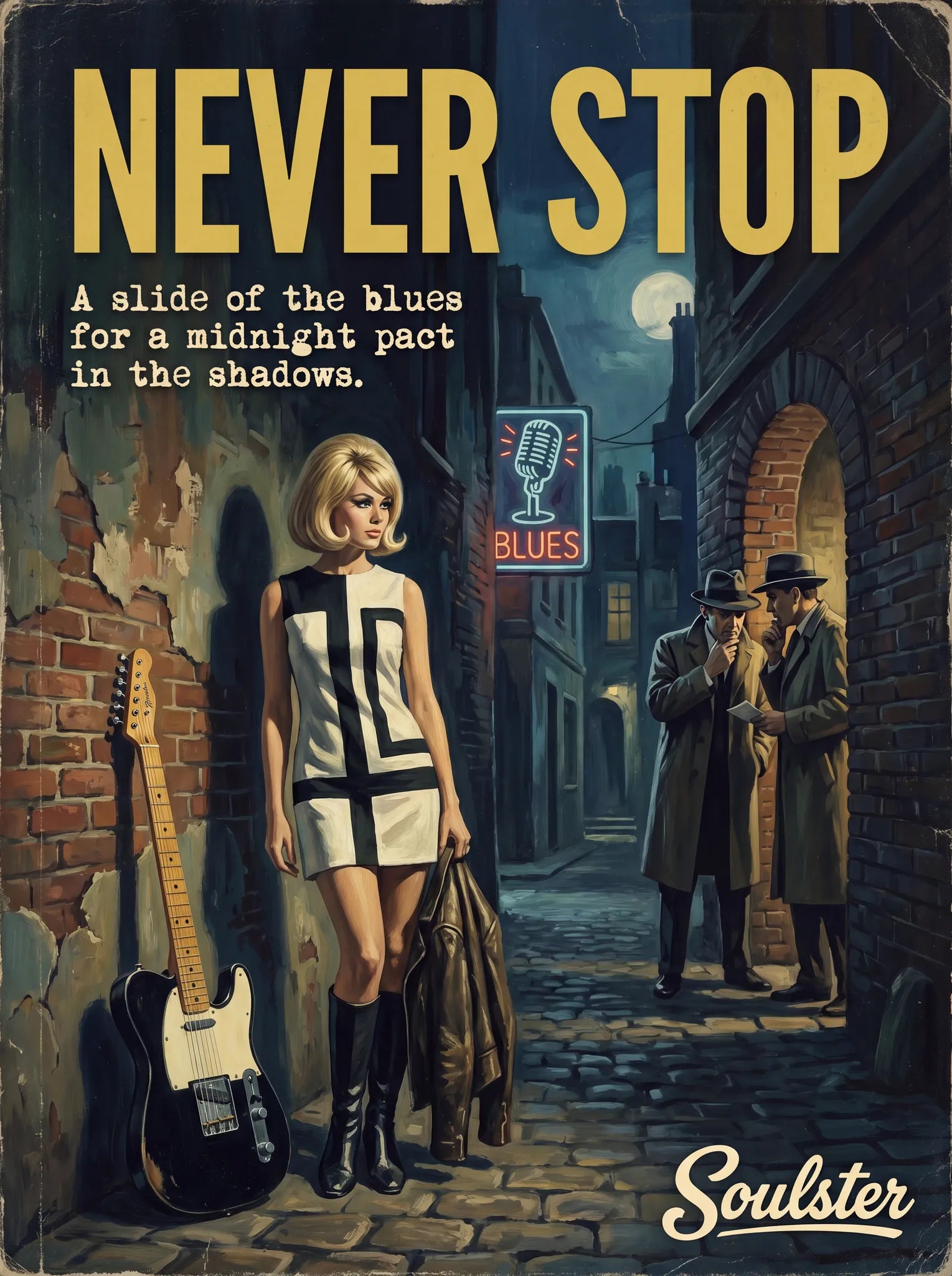 Soulster cinematic vintage pulp book cover art print illustration styled in a classic 1960s design layout inspired by Never Stop.