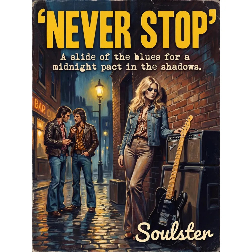 Soulster cinematic vintage pulp book cover art print illustration styled in a classic 1970s design layout inspired by Never Stop.