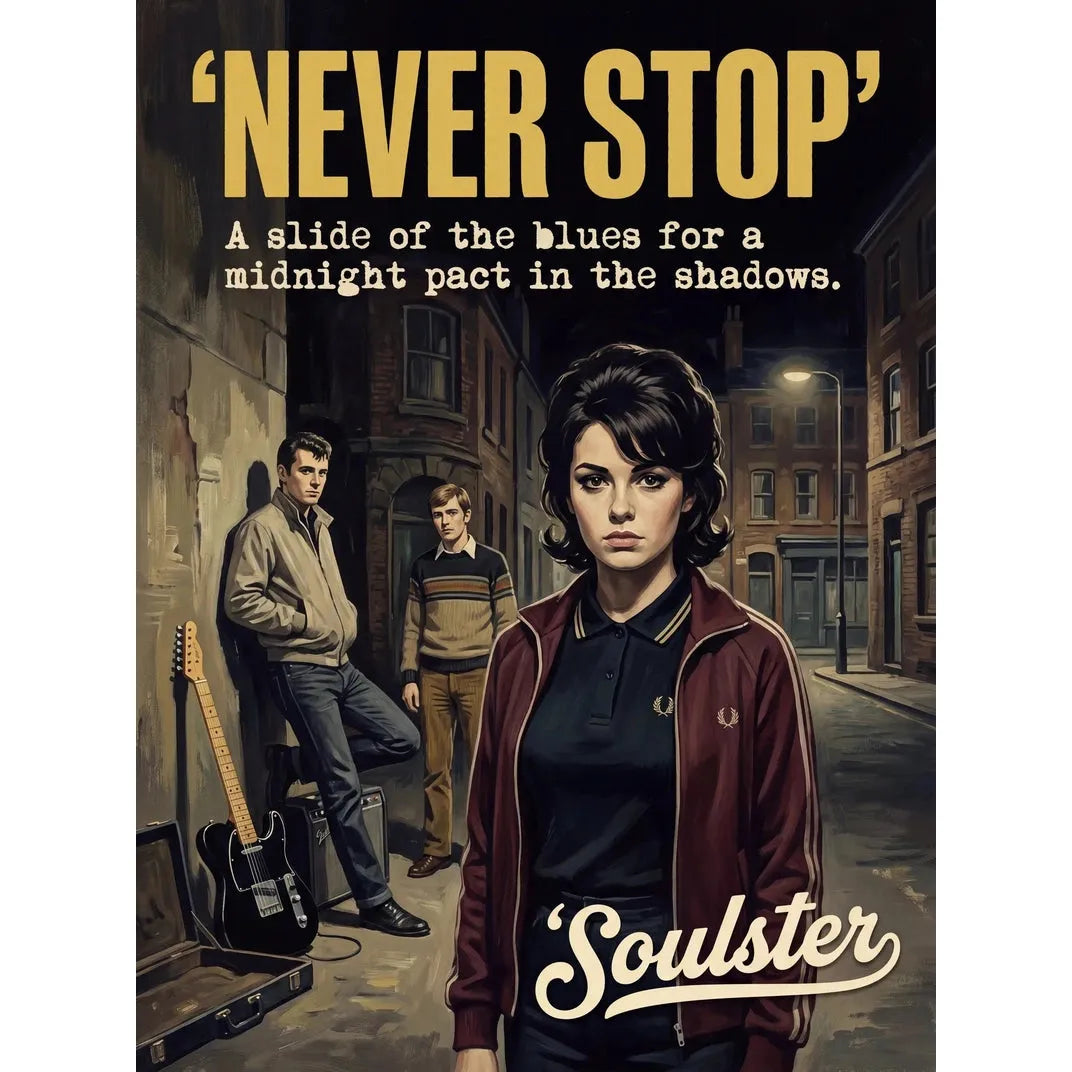 Soulster retro pulp thriller book cover style art print illustration inspired by Alternative Indie - Never Stop.