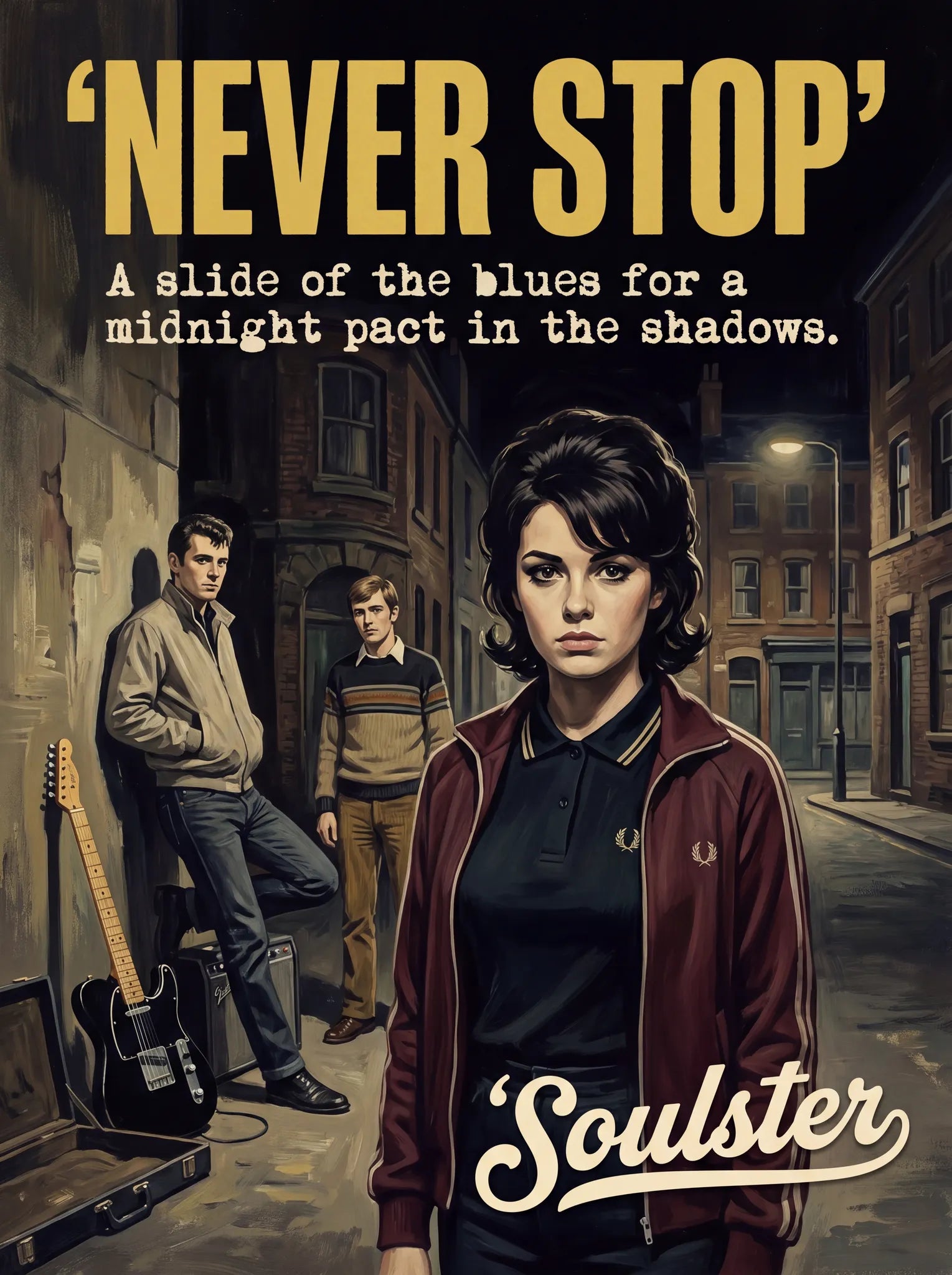 Soulster retro pulp thriller book cover style art print illustration inspired by Alternative Indie - Never Stop.