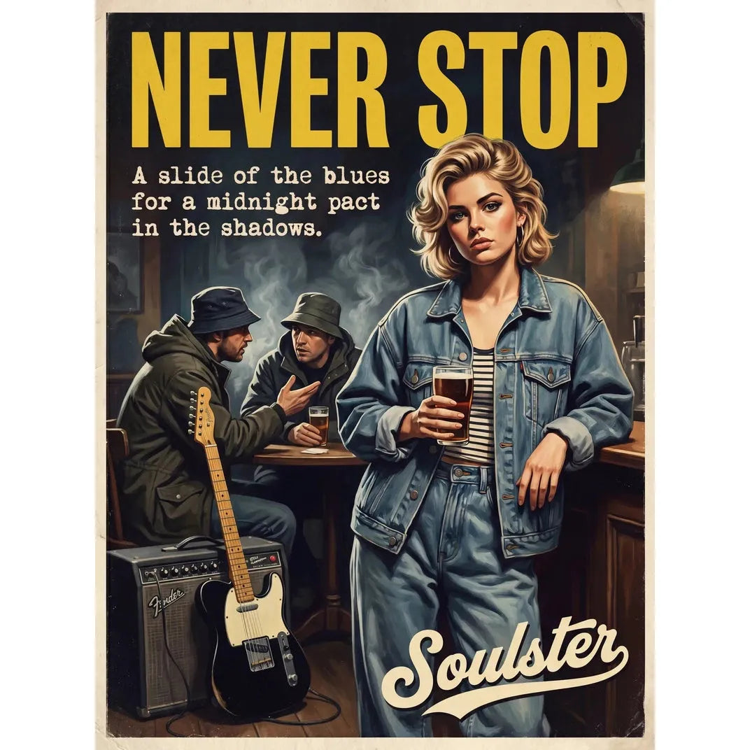 Soulster cinematic vintage pulp book cover art print illustration styled in a classic 1990s design layout inspired by Never Stop.