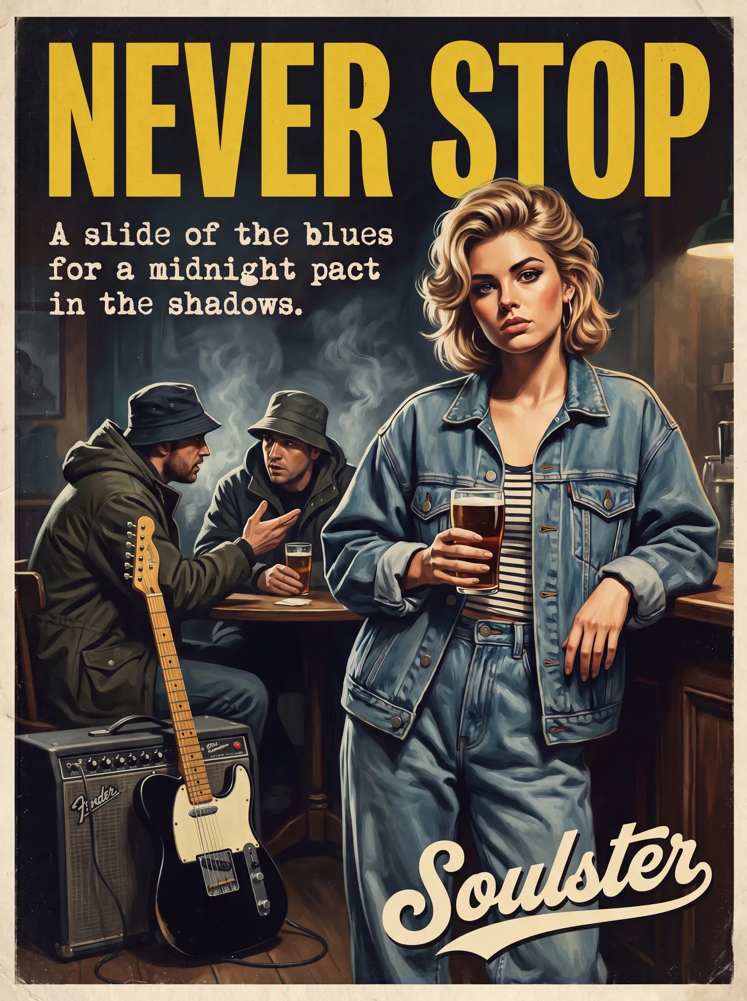 Soulster cinematic vintage pulp book cover art print illustration styled in a classic 1990s design layout inspired by Never Stop.