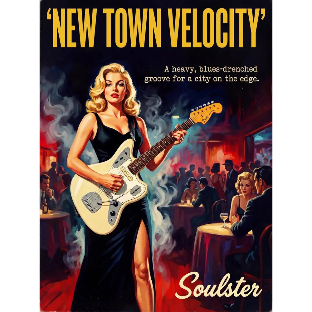 Soulster cinematic vintage pulp book cover art print illustration styled in a classic 1950s design layout inspired by New Town Velocity.