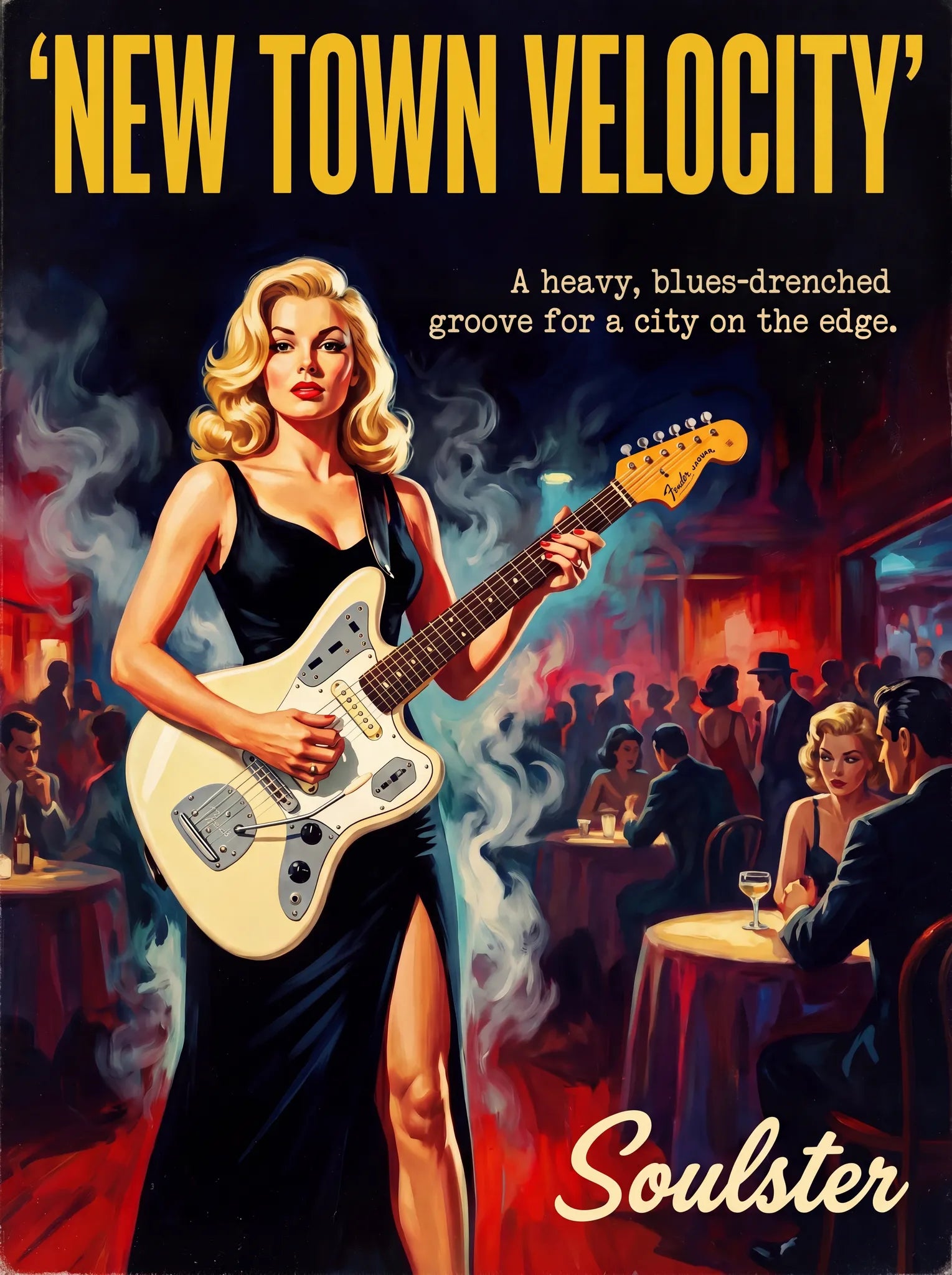 Soulster cinematic vintage pulp book cover art print illustration styled in a classic 1950s design layout inspired by New Town Velocity.
