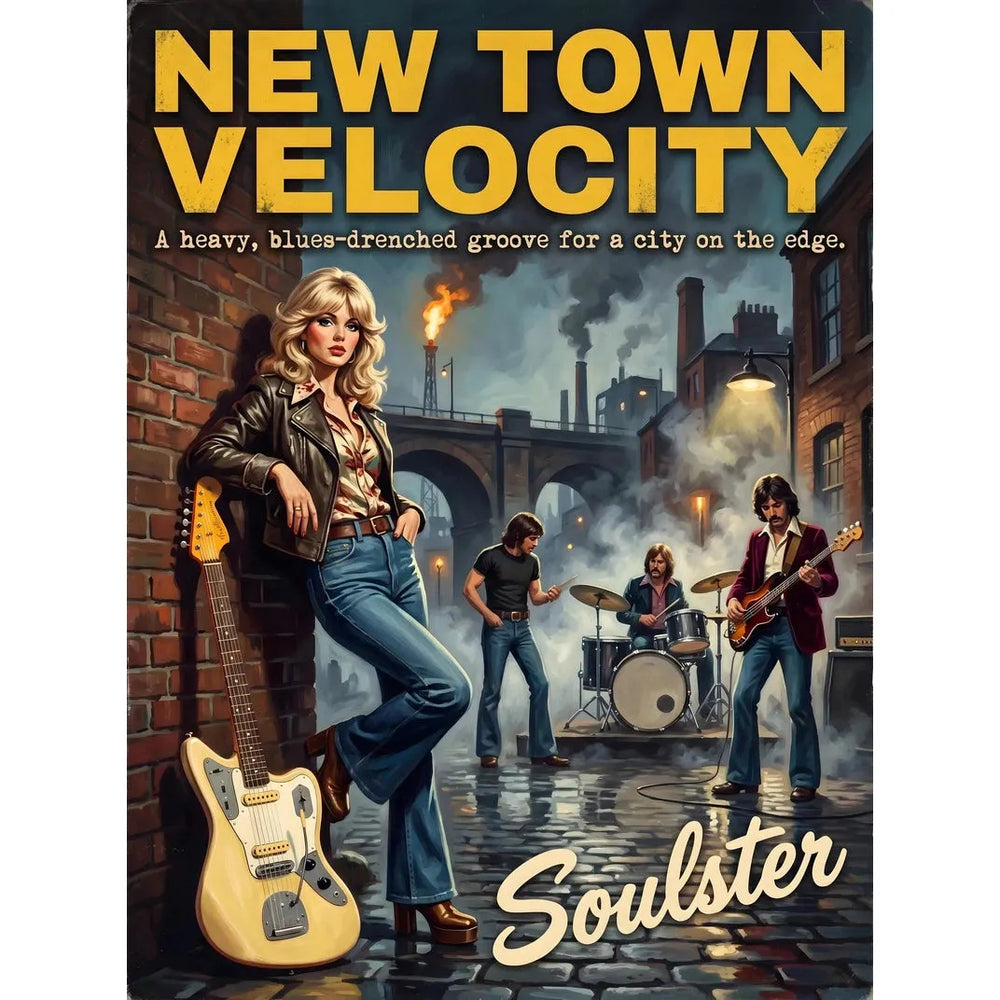 Soulster cinematic vintage pulp book cover art print illustration styled in a classic 1970s design layout inspired by New Town Velocity.