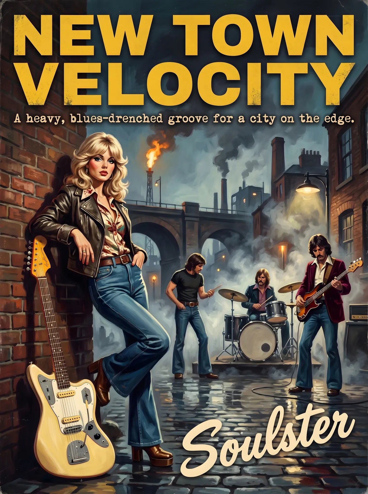 Soulster cinematic vintage pulp book cover art print illustration styled in a classic 1970s design layout inspired by New Town Velocity.
