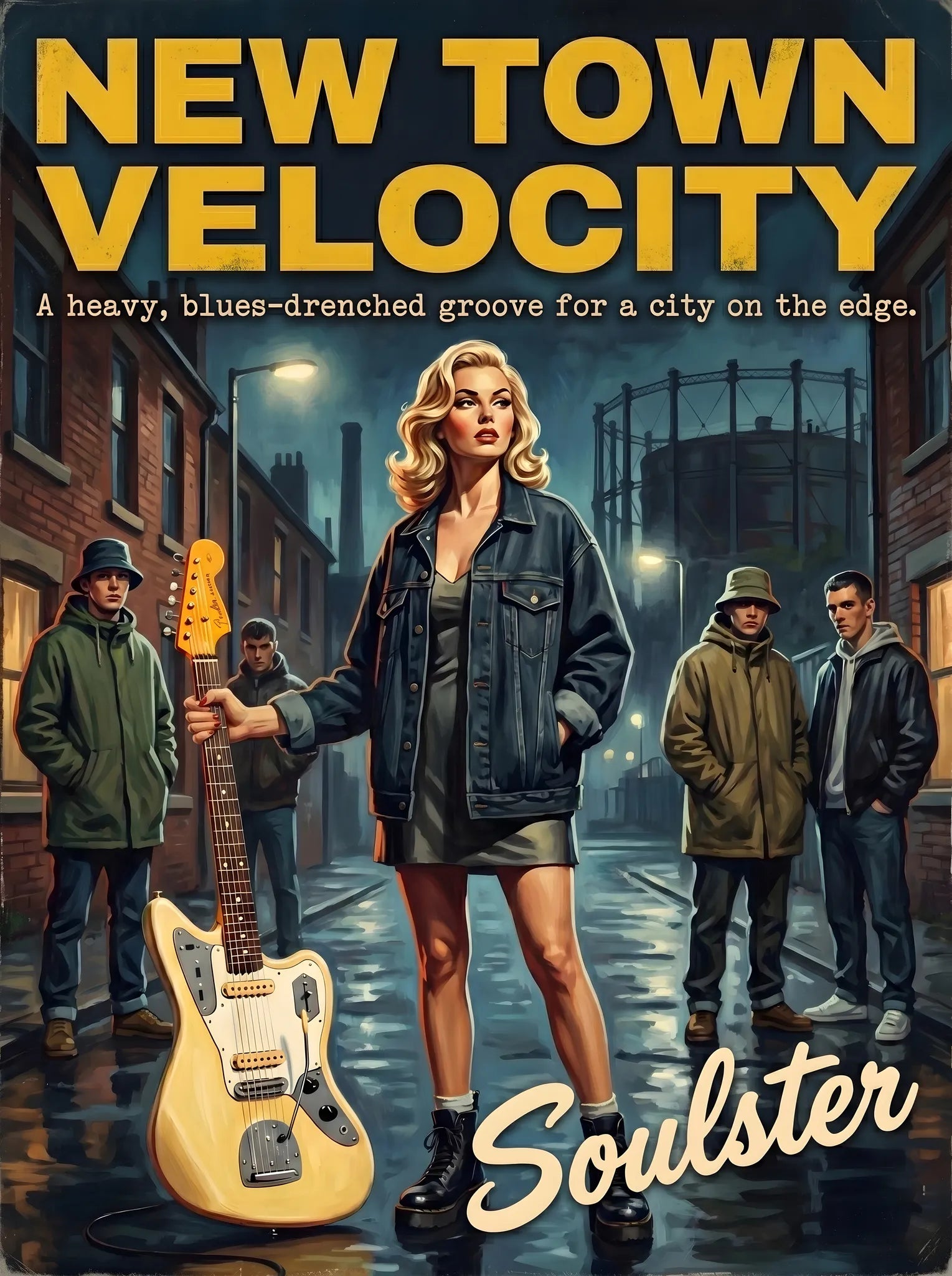 Soulster cinematic vintage pulp book cover art print illustration styled in a classic 1990s design layout inspired by New Town Velocity.