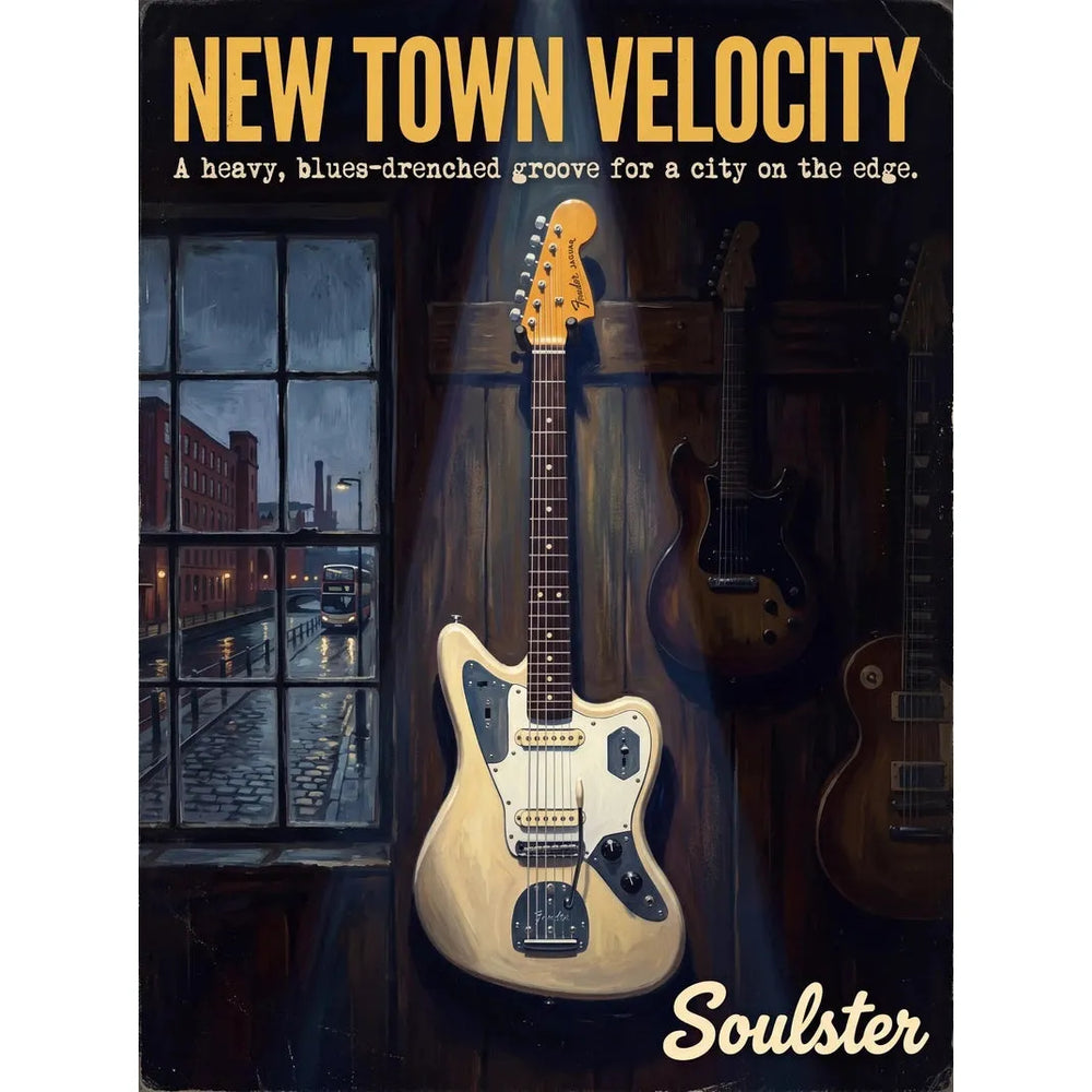 Soulster Manchester Edition wall art print showing a cinematic pulp style design of a Vintage Guitar inspired by New Town Velocity.