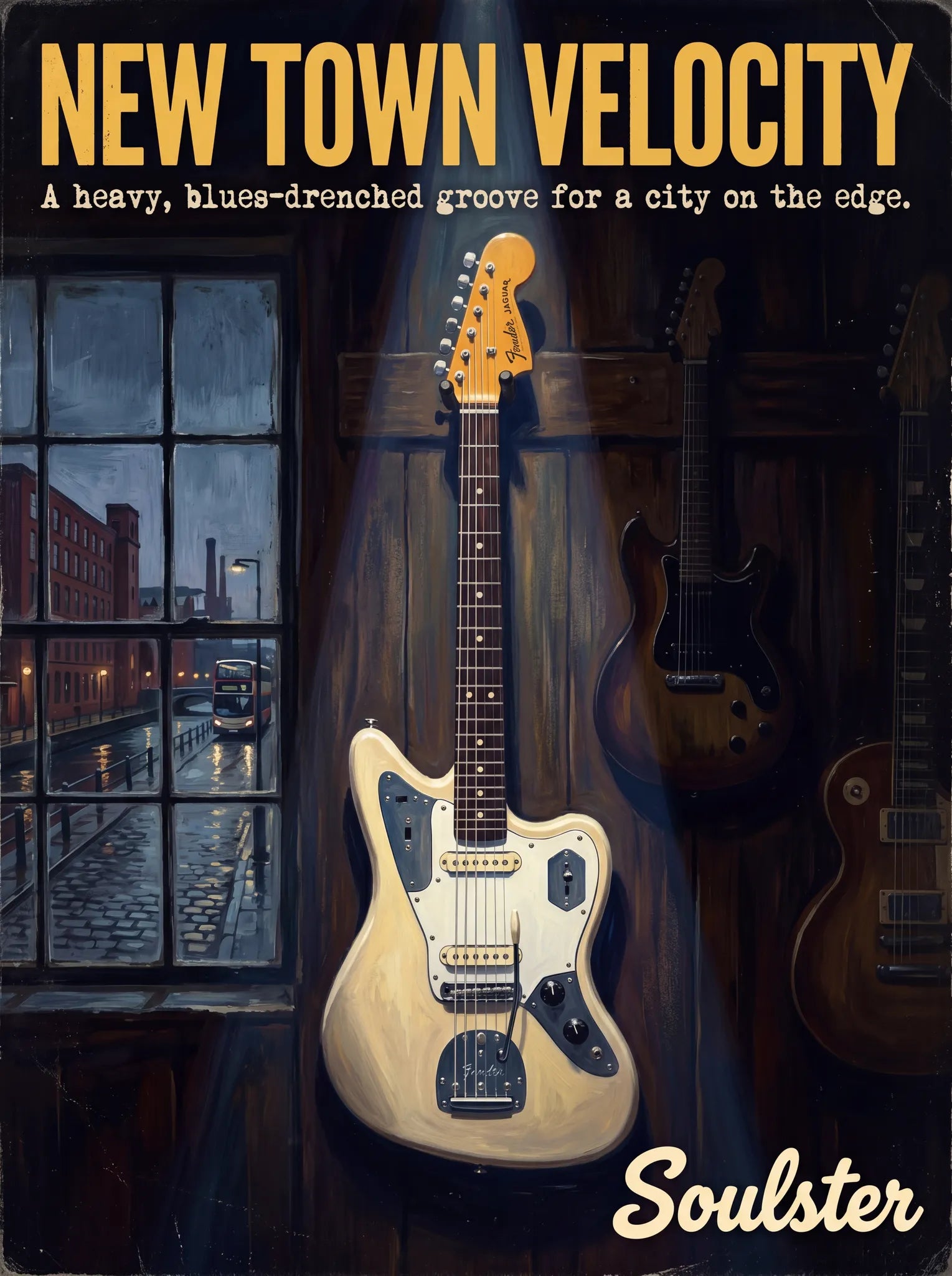 Soulster Manchester Edition wall art print showing a cinematic pulp style design of a Vintage Guitar inspired by New Town Velocity.