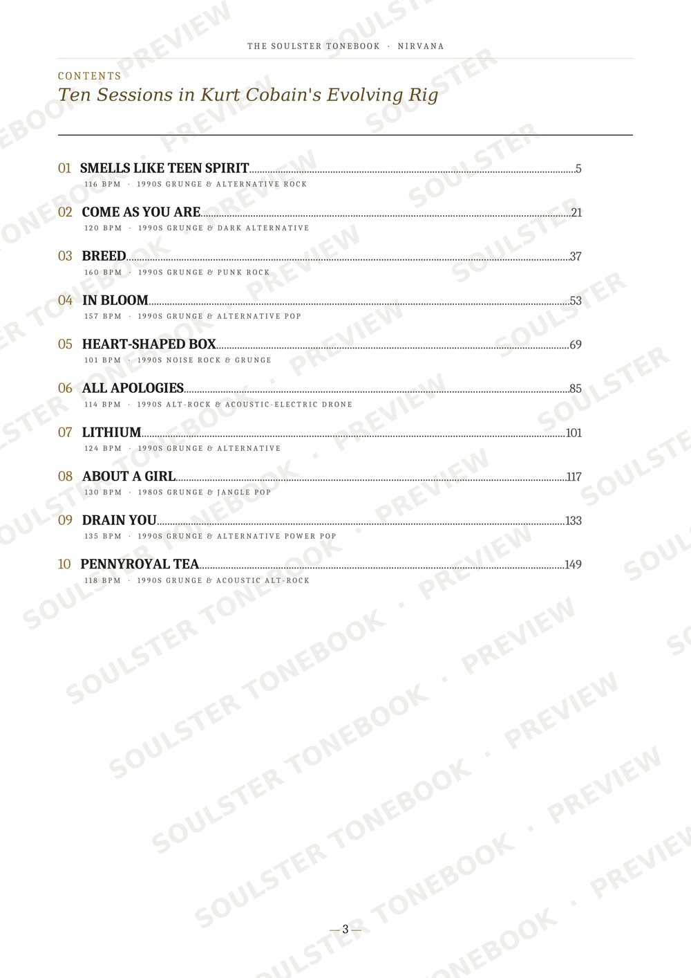A printed table of contents page from The Slaughterhouse Embroidery: Nectar, showing chapter titles and page numbers with repeated diagonal 'SOULSTER TONEBOOK PREVIEW' watermarks across the page.
