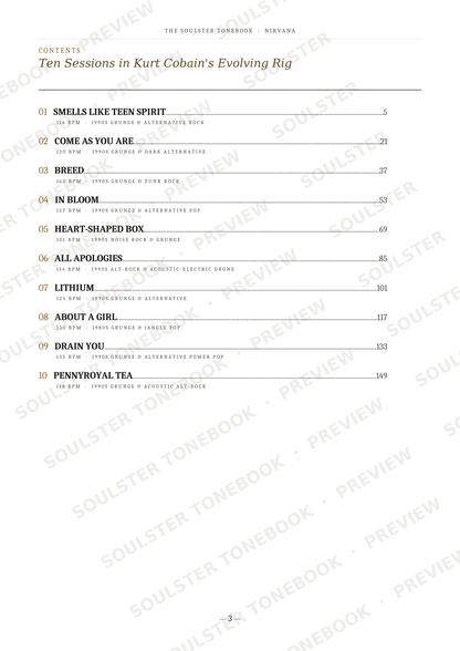 A printed table of contents page from The Slaughterhouse Embroidery: Nectar, showing chapter titles and page numbers with repeated diagonal 'SOULSTER TONEBOOK PREVIEW' watermarks across the page.