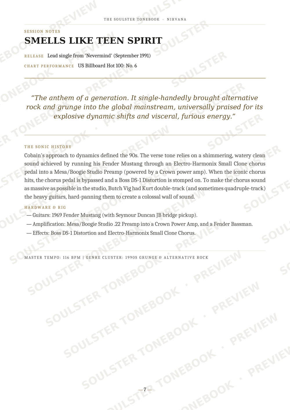 A printed page from a music publication titled 'SMELLS LIKE TEEN SPIRIT' with song text, credits, and a faint diagonal 'SOULGIFTY RECORDS ON GOOGLE' watermark across the page.