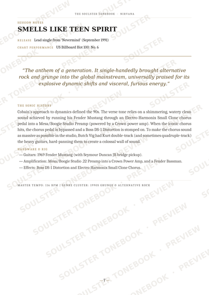 A printed page from a music publication titled 'SMELLS LIKE TEEN SPIRIT' with song text, credits, and a faint diagonal 'SOULGIFTY RECORDS ON GOOGLE' watermark across the page.