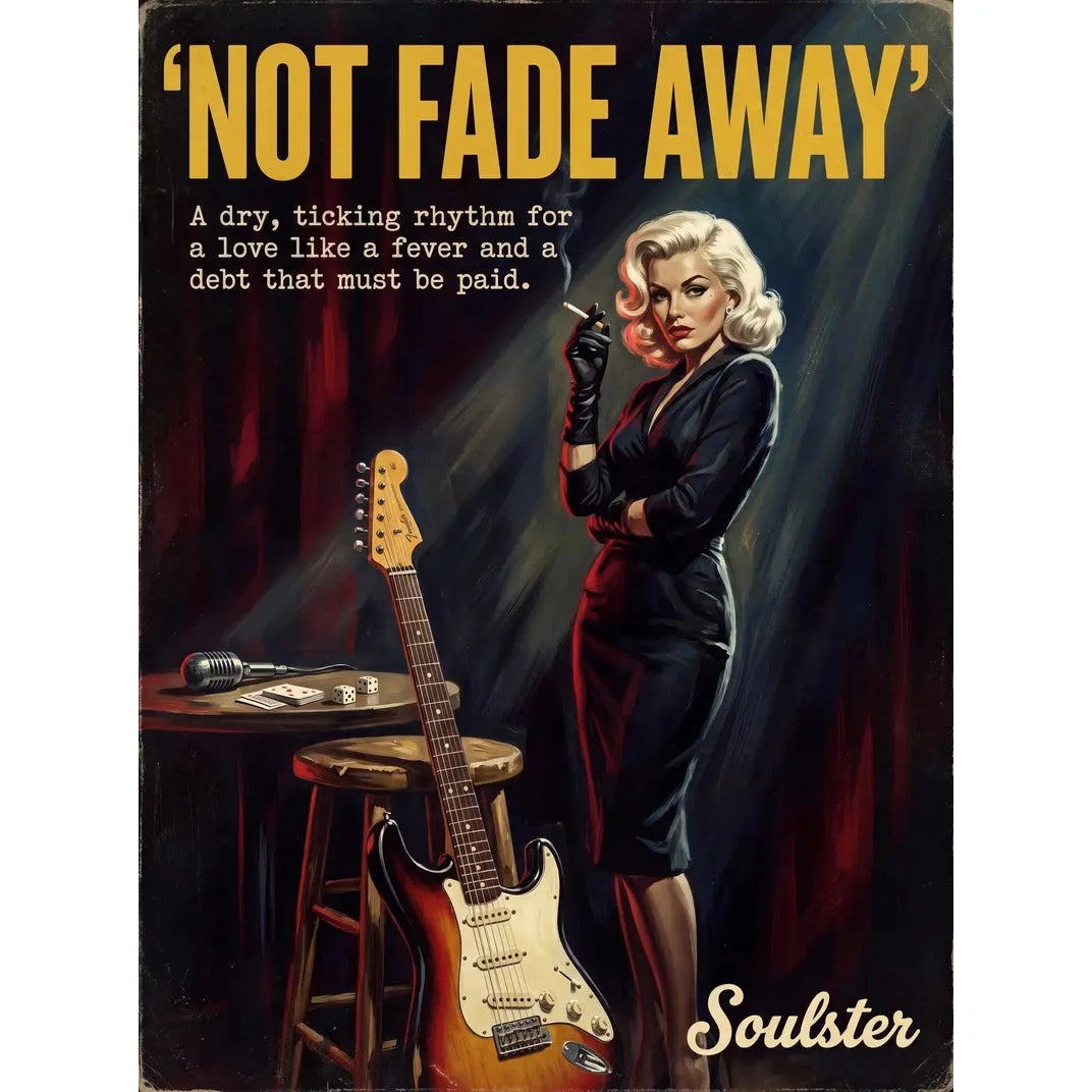 Soulster cinematic vintage pulp book cover art print illustration styled in a classic 1950s theme inspired by Not Fade Away.
