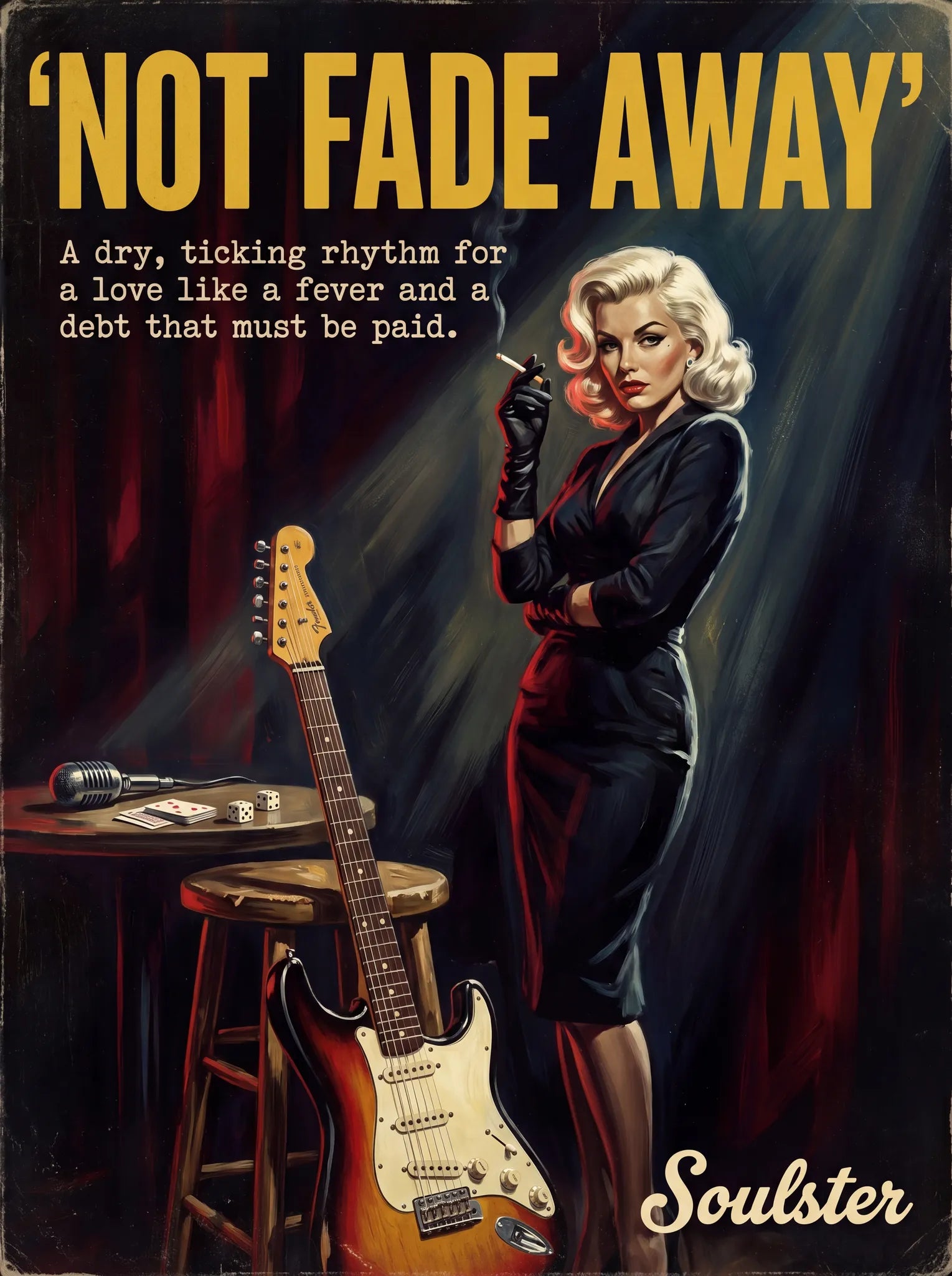 Soulster cinematic vintage pulp book cover art print illustration styled in a classic 1950s theme inspired by Not Fade Away.