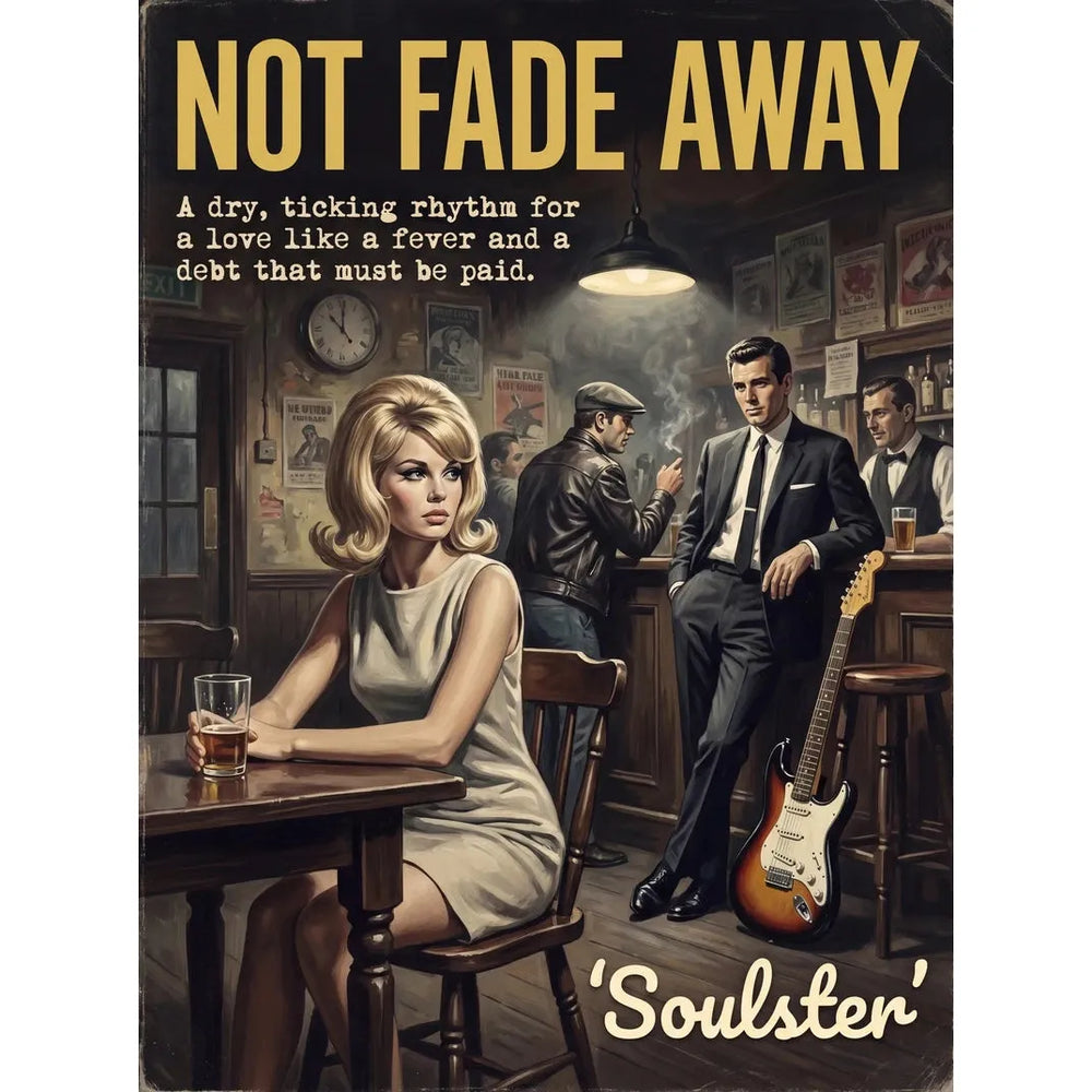 Soulster cinematic vintage pulp book cover art print illustration styled in a classic 1960s theme inspired by Not Fade Away.