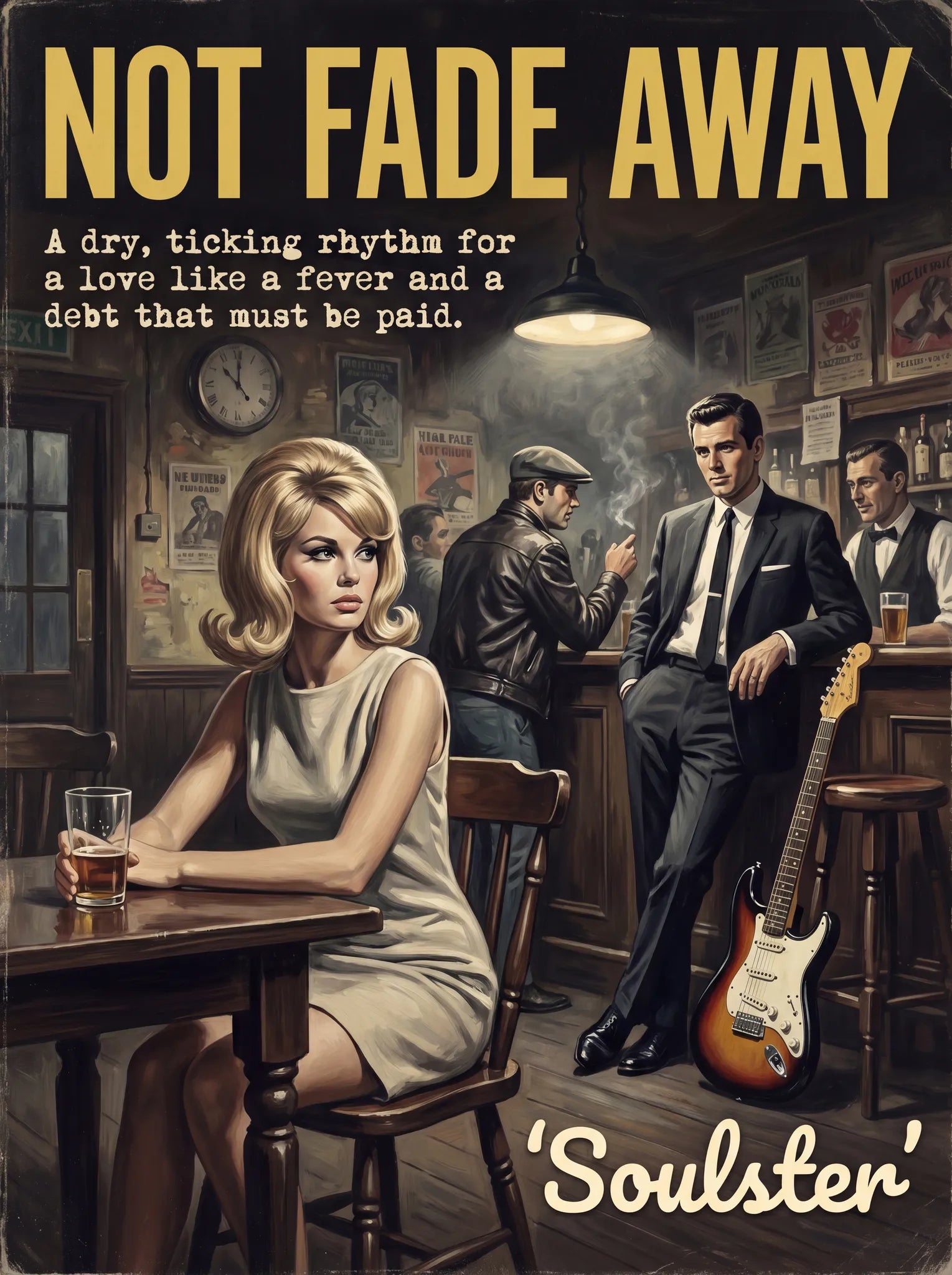 Soulster cinematic vintage pulp book cover art print illustration styled in a classic 1960s theme inspired by Not Fade Away.
