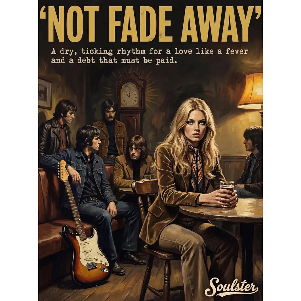 Soulster cinematic vintage pulp book cover art print illustration styled in a classic 1970s theme inspired by Not Fade Away.