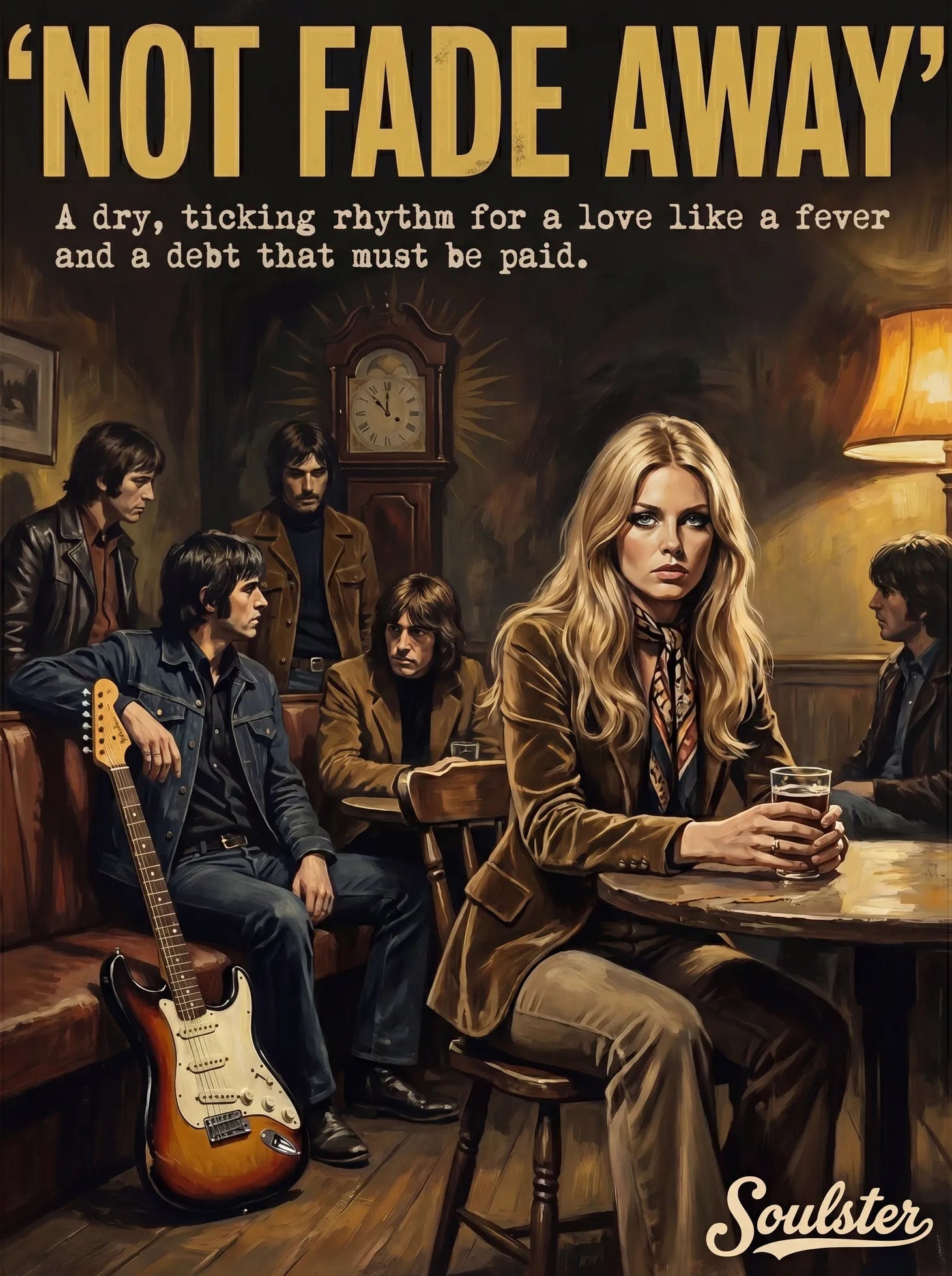Soulster cinematic vintage pulp book cover art print illustration styled in a classic 1970s theme inspired by Not Fade Away.