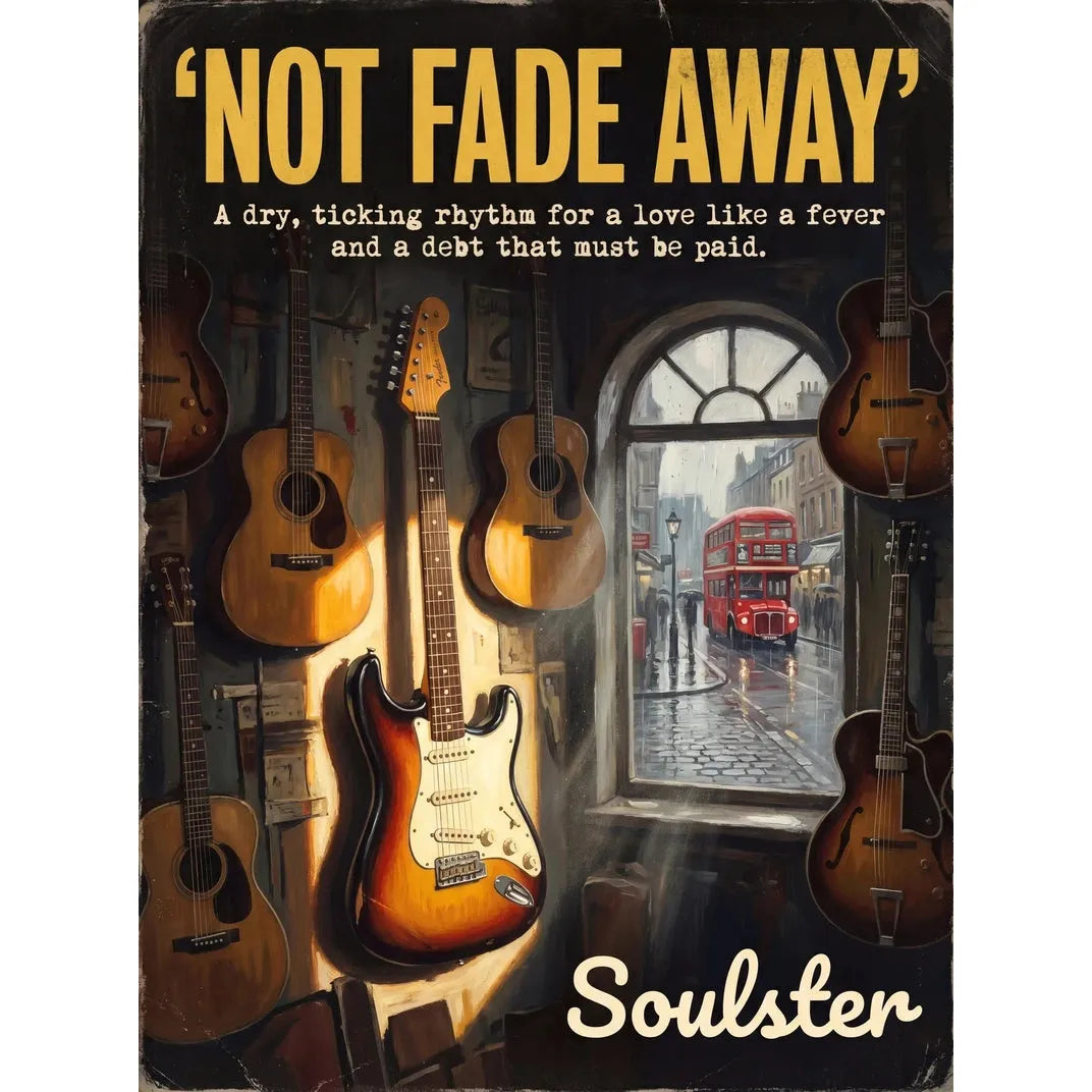 Soulster Manchester Edition wall art print showing a cinematic pulp style design of a Vintage Guitar inspired by Not Fade Away - London.