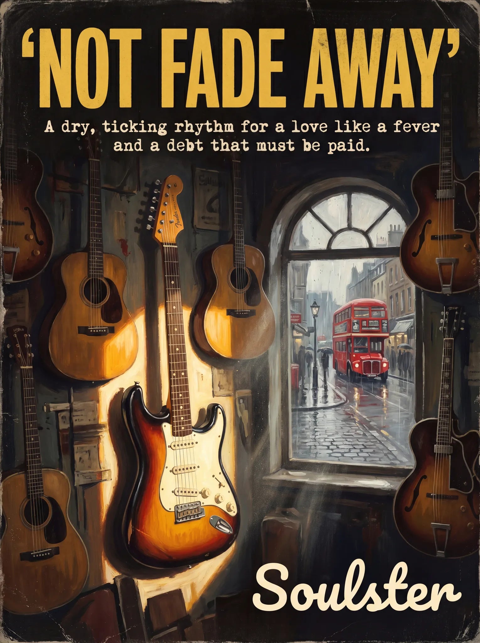 Soulster Manchester Edition wall art print showing a cinematic pulp style design of a Vintage Guitar inspired by Not Fade Away - London.