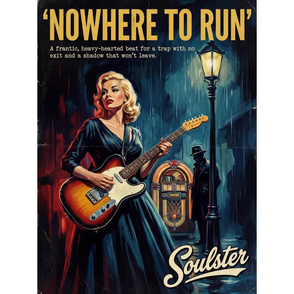 Soulster cinematic vintage pulp book cover art print illustration styled in a classic 1950s theme inspired by Nowhere To Run.
