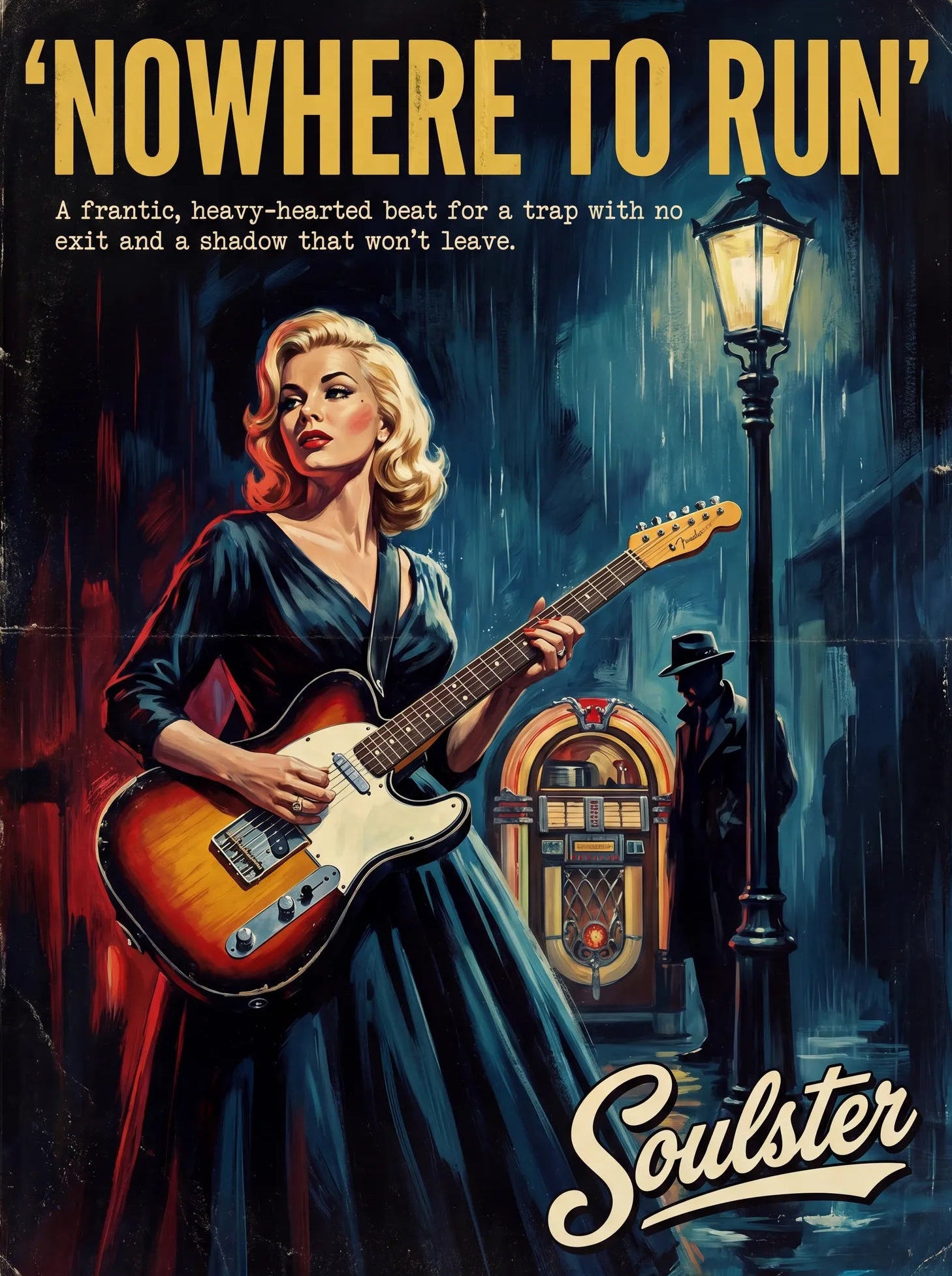 Soulster cinematic vintage pulp book cover art print illustration styled in a classic 1950s theme inspired by Nowhere To Run.